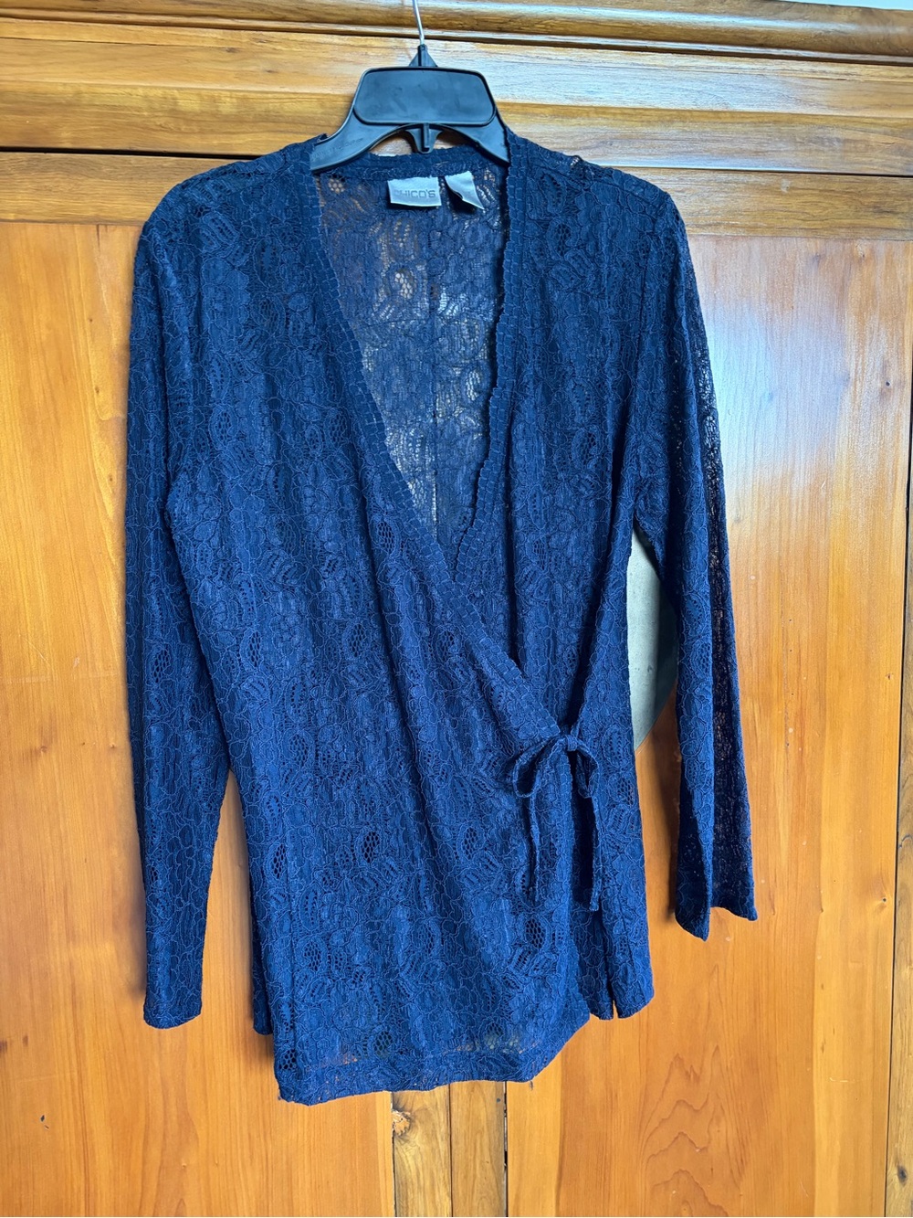 Chico's Dark Navy Floral Lace Wrap top chicos 1 equivalent to an 8